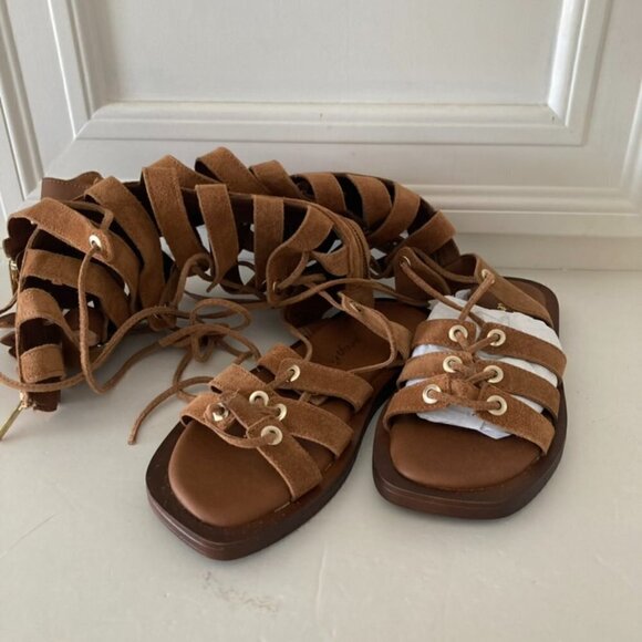 NWOT Free People Sun Chaser Taupe Suede Tall Gladiator Sandals Sz 37.5 - Picture 2 of 6